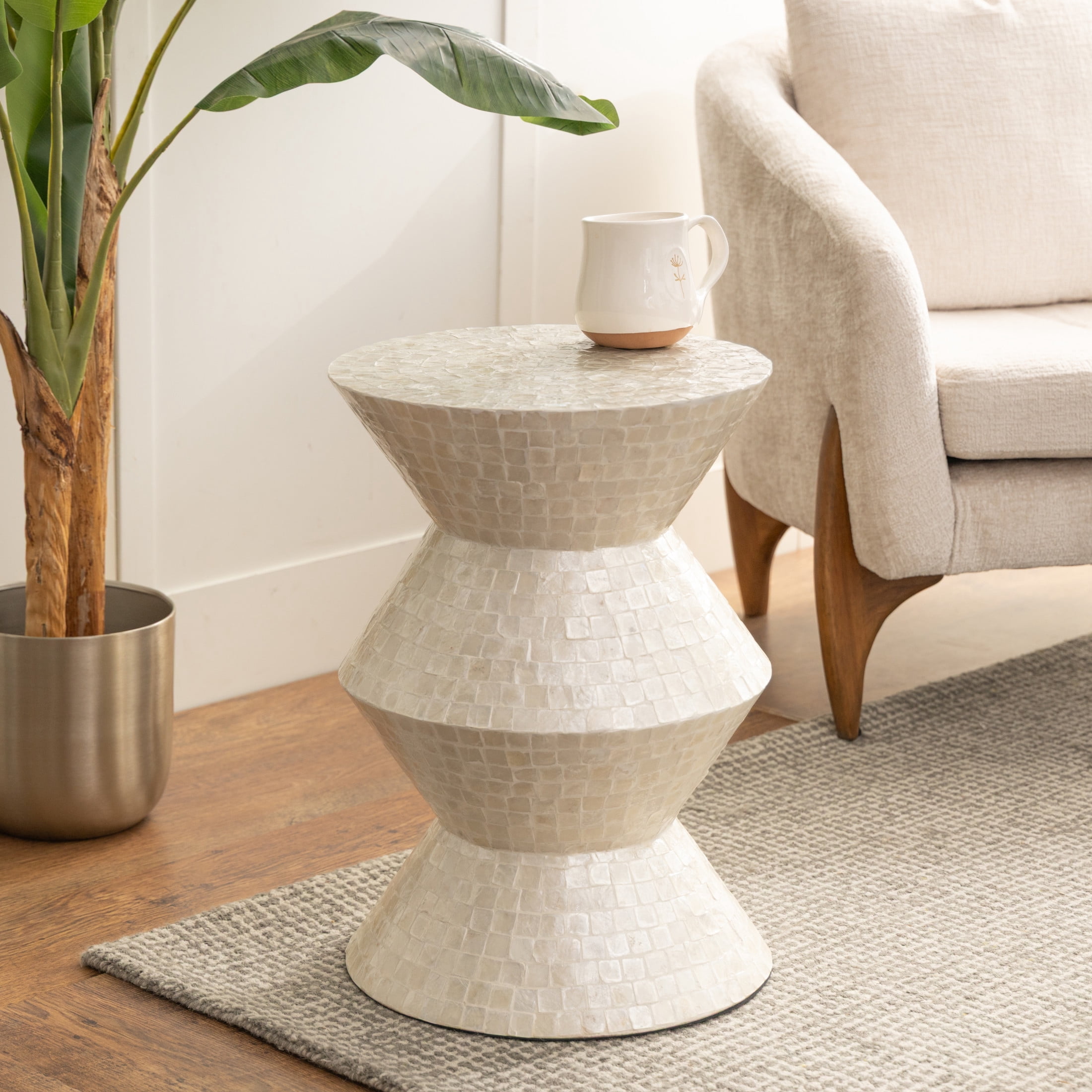 DecMode 16" x 22" Cream Capiz Shell Mosaic Inlay Accent Table, 1-Piece