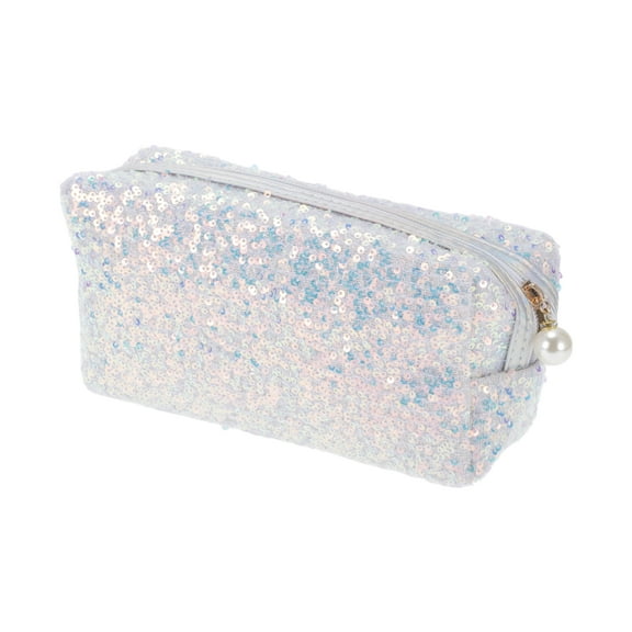 Unique Bargains 1 Pc Women Portable Sparkly Sequin Makeup Bag for Business Travel Vacation White Polyester