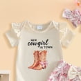 thumbnail image 5 of Linfrsh Toddler Summer Clothes Girls Baby Girl Summer Spring Clothes Baby Cowgirl Outfit New Cowgirl in Town Short Sleeve Romper + Shorts and Headband(Beige,0-3 Months), 5 of 5