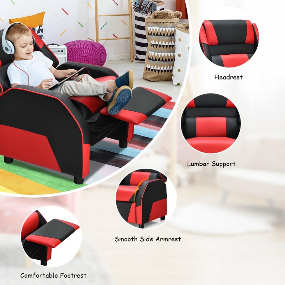 Barara King Kids PU Leather Recliner Chair with Headrest and Footrest, Kids Gaming Sofa Recliner Chair for Living Room, Bedroom, Red