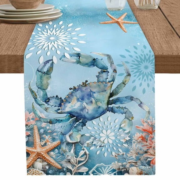 nqOlkjepod Blue Coastal Crab Table Runner 70 Inches Long Farmhouse Dress Scarves, Summer Beach Starfish Botanical Dining Tablerunner for Coffee Table/Kitchen Island/Party Décor, 13" x 70"