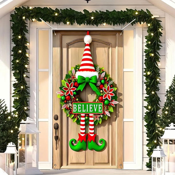 Seyotauo Merry Christmas Door Cover 35x71 Christmas Gift Box Present Hanging Banner Decoration Winter Holiday Bow Window Door Cover Stripes Ornaments Year Party Home Wall Outdoor