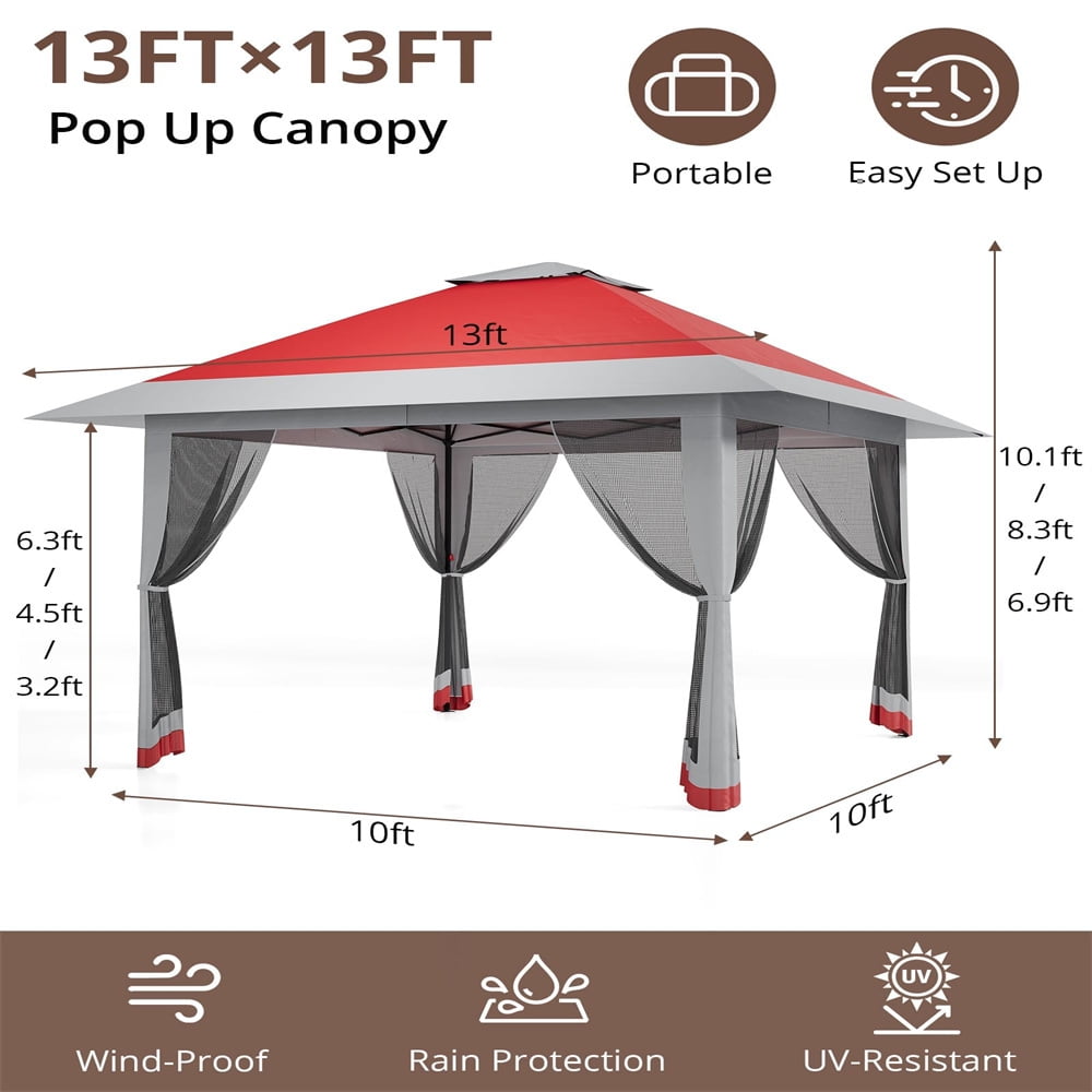 13x13Pop-Up-Gazebo Outdoor Canopy Tent with Mosquito Netting, [Adjustable Height & Spacious] Pop Up Tent with Double Roof, UV-Resistant Outdoor Gazebo for Backyard, Patio, Lawn, Garden, Deck