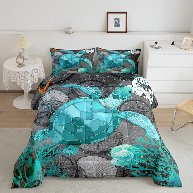 Erosebridal Cartoon Sea Turtle Comforter Sets Twin Size, Underwater World Seashell Comforters & Duvets, 2 Pieces, Microfiber