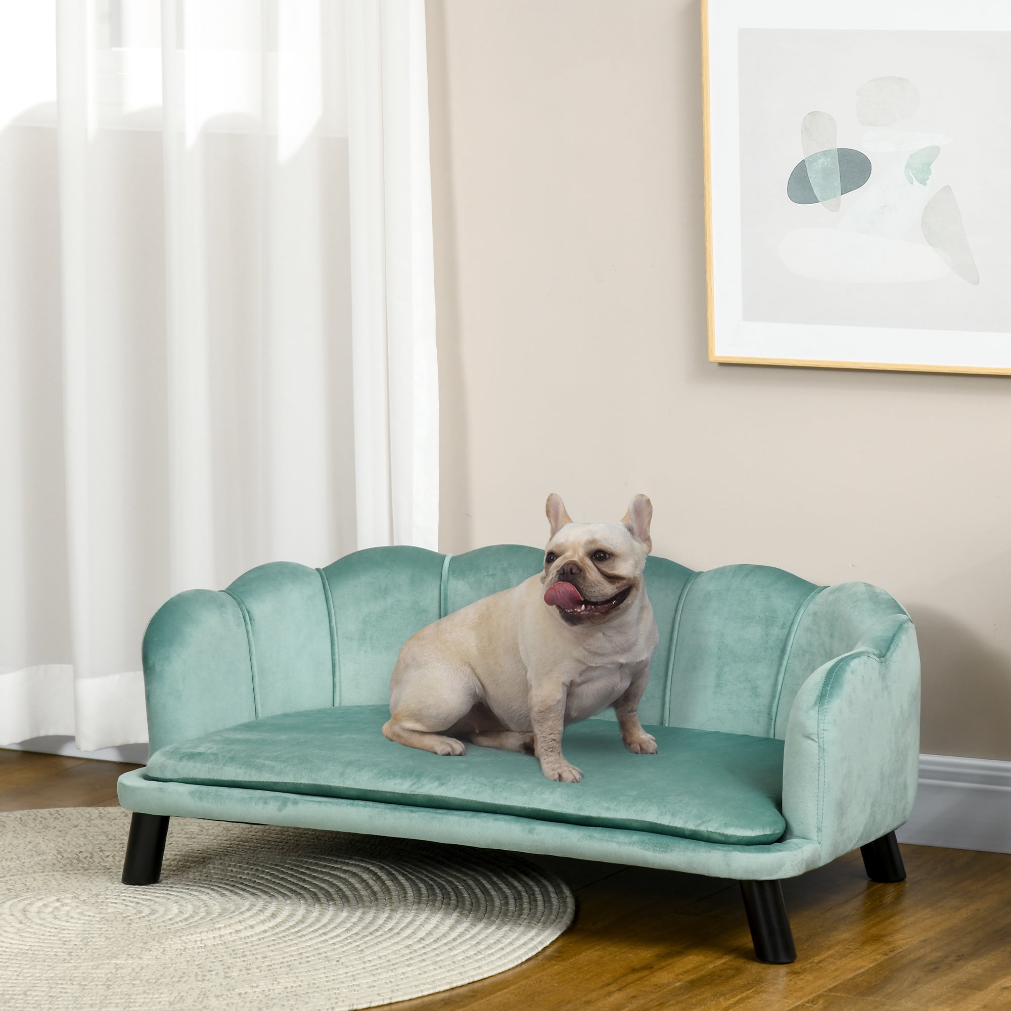 Velvet Large Dog Couch with Foam Cushion, Soft and Cute Dog Bed with Pearl Design, Dog Sofa for Big and Medium Dogs, Green