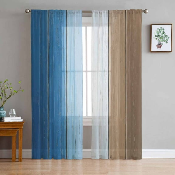 Brown Blue Ombre Sheer Curtains 96 Inches Long 2 Panels Set, Window Sheer Curtains for Living Room/Bedroom, Vintage Country Wooden Light Filtering Rod Pocket Curtain 52'' x 96'' x 2