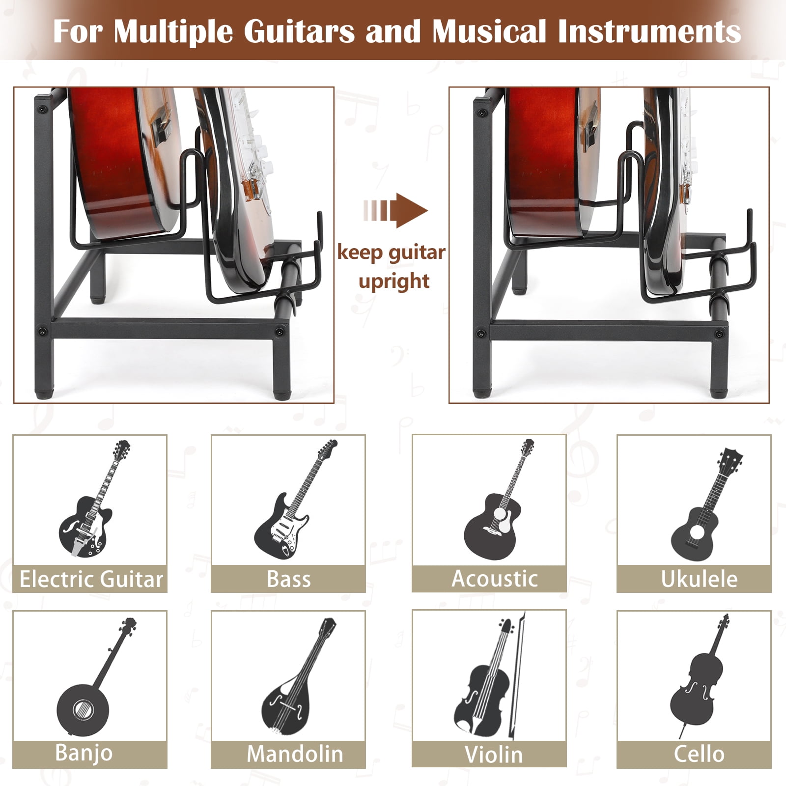 Olakee Adjustable 4-Tier Guitar Stand for Acoustic Electric Bass, with Wood Shelf for Amp Accessories Vinyl Records, Home Studio Rack (Patent)
