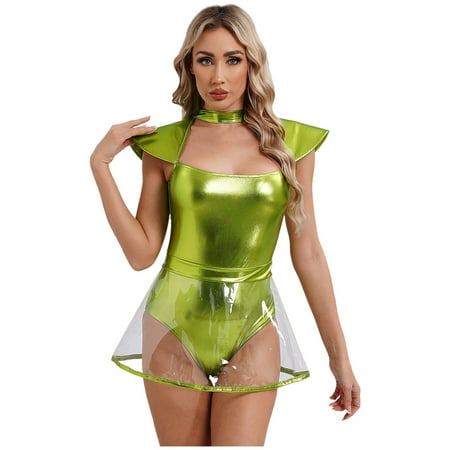 Sxiwei Women s Alien Dress Sexy Cutout Thong Bodysuit with PVC Skirt Leotard Shiny Metallic Clubwear Fluorescent Green L
