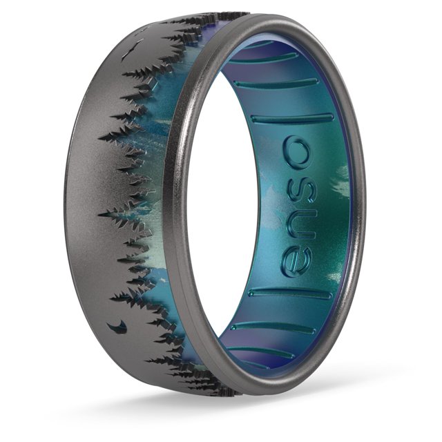 Enso Rings Anillos de silicona clásicos grabados - Diseño cómodo y flexible - 8 mm de ancho 2,16 de grosor - Woodland - Platino/Bosque - Tamaño 6