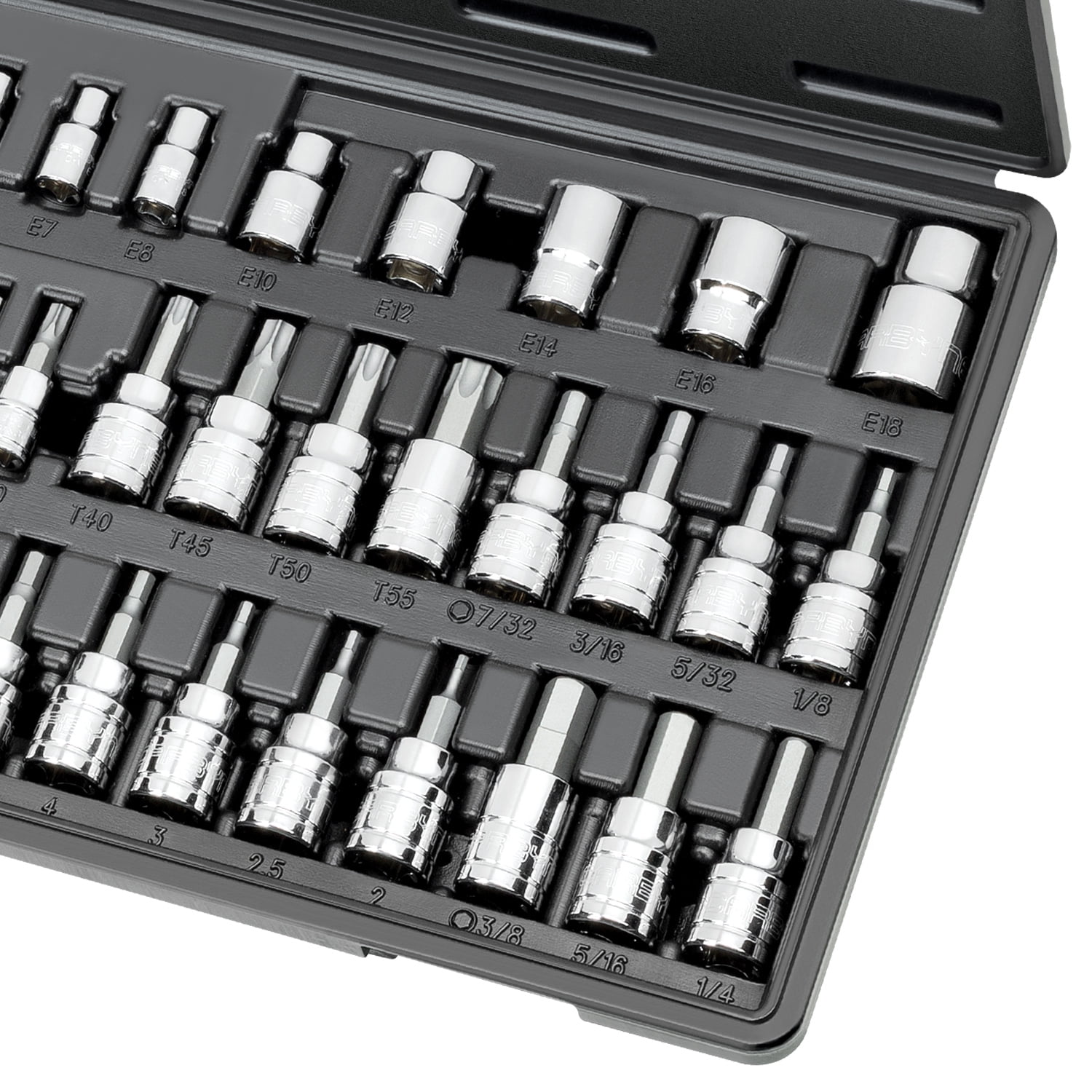 Carbyne 36-Piece Hex (Allen) Torx Bit Socket and E-Torx Set, SAE and Metric, S2 Steel Bits, CrV Sockets, 1/4 in. 3/8 in. 1/2 in. Drive
