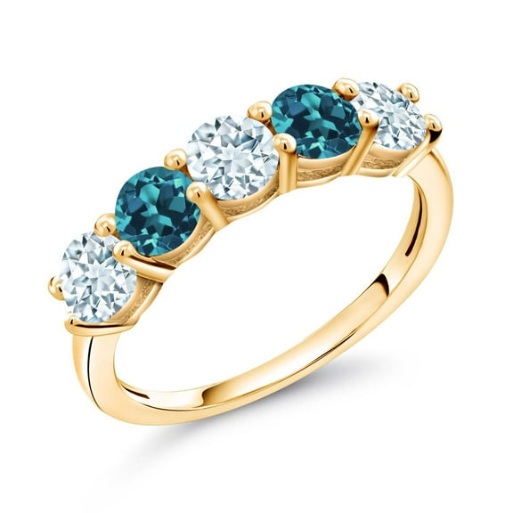 Gem Stone King 18K Yellow Gold Plated Silver Sky Blue Aquamarine and London Blue Topaz Wedding Band Ring for Women (0.95 Cttw, Round 3.5MM, Gemstone March Birthstone, Size 6)
