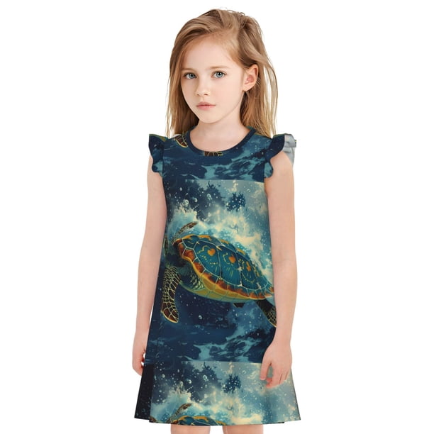 Fotbe Surfing Turtle Vestido de Dormir para Niñas de 3 a 10 Años, Mangas Cortas, Estilo Princesa, Pijama Camisón con Mangas Voladas-Large