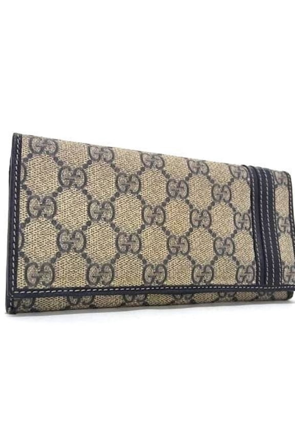 Pre-Owned GUCCI GG Supreme 212186 Brown x Navy Leather Men's Bi-fold Wallet