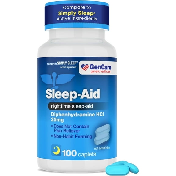 GenCare Sleep Aid Diphenhydramine HCl 25 mg Non Habit Forming Pills, 100 Caplets