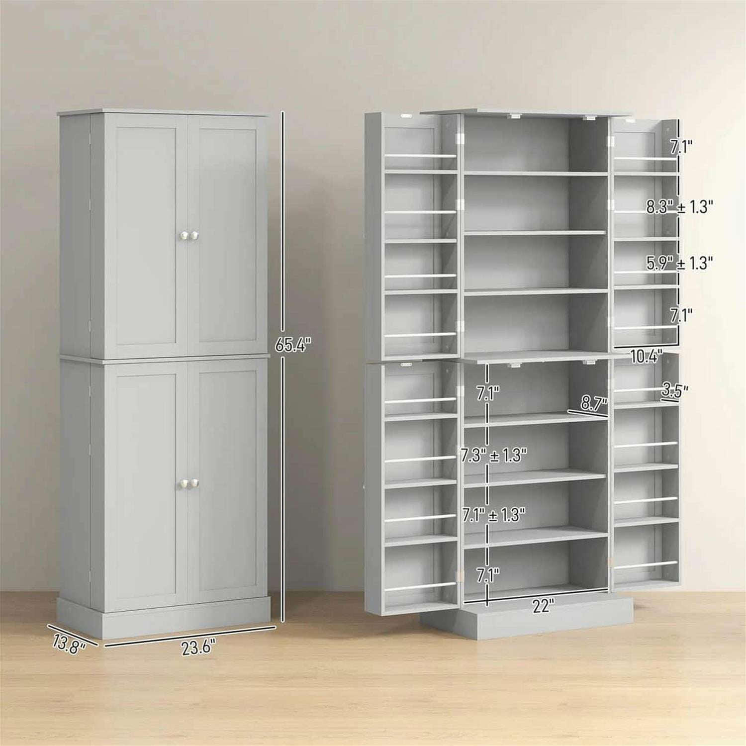 Demi Bonn 65" Kitchen Pantry Cabinet, 4-Door Storage with 16 Shelves for Dining Room, Space-Saving Kitchen Organization, Gray