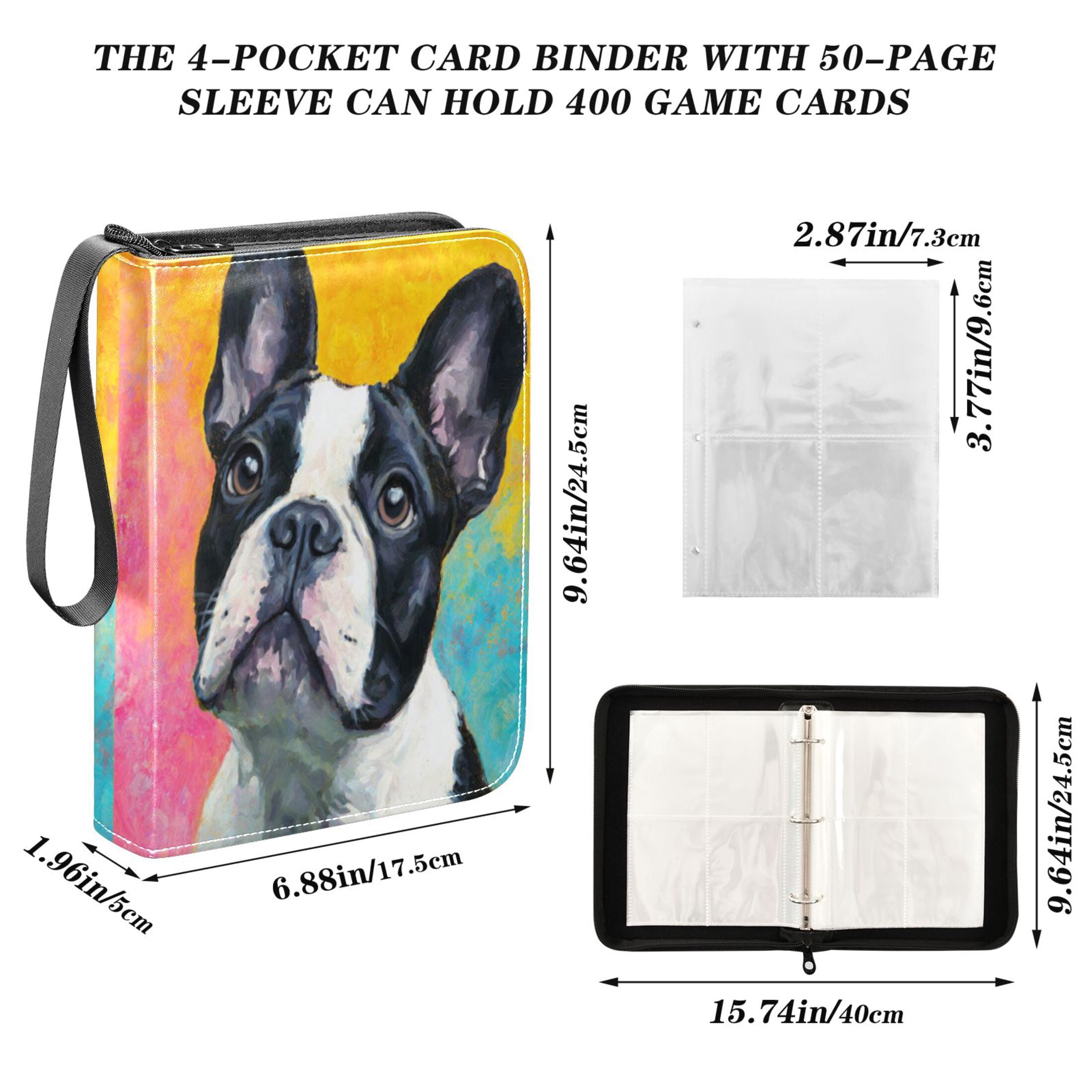 4 Pocket Trading Card Binder, 50 Pages Sleeves Holds 400 Cards, Card Collection Album Holder for Game Cards, Sports Cards, TCG Storage Rainbow French Bulldog Canvas