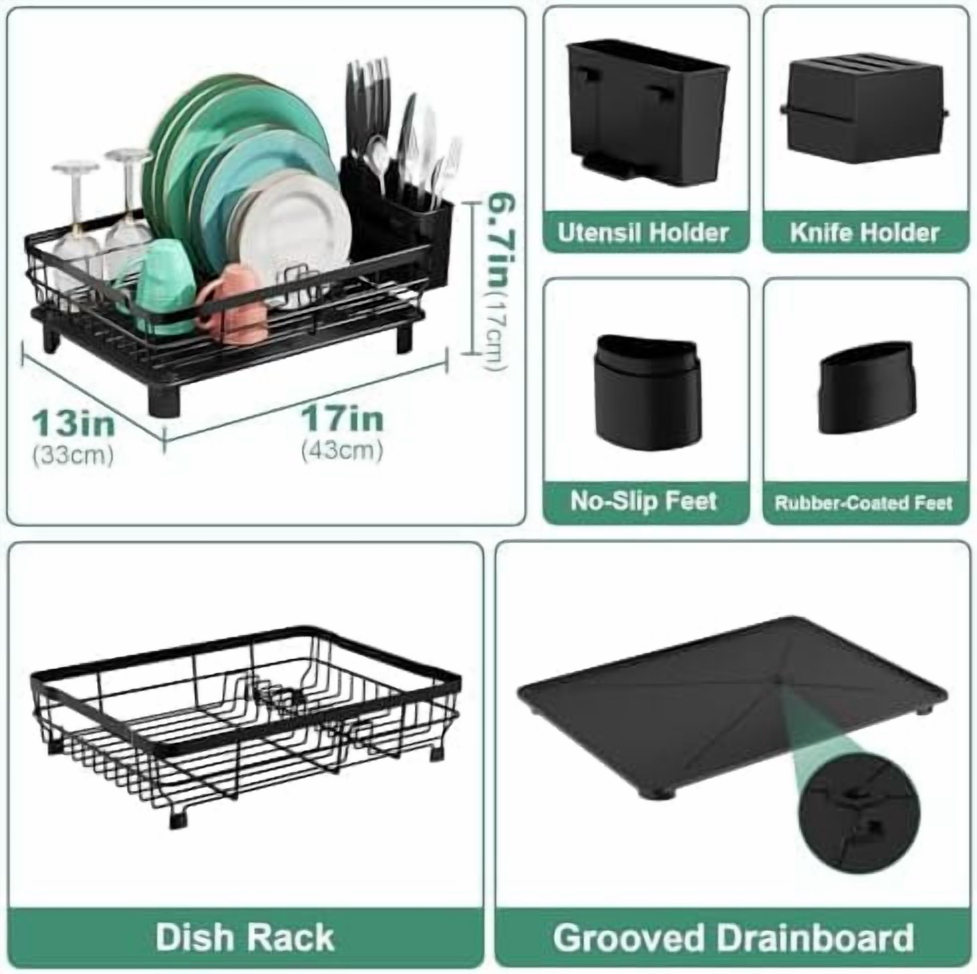 Dish Drying Rack, Dish Rack, Stainless Steel Dish Racks for Kitchen Counter, Dish Drainer with Removable Utensil Holder, Drainboard (Black,13''W x 17''L)