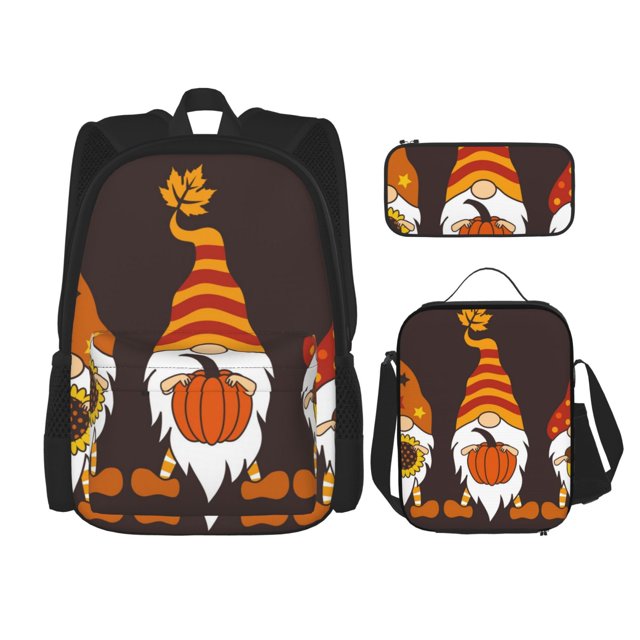 Disketp Fall Gnomes Mochila Estampada de Gran Capacidad con Lonchera y Estuche, Set de 3 Piezas para Estudiantes