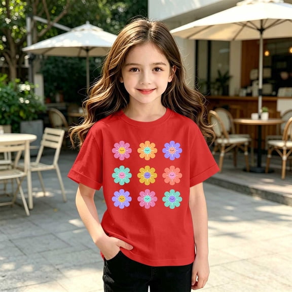 WQNVRNR Girls Summer Short Sleeve Tee- Printed Cotton Crewneck Casual Cute T Shirt Red Size 6