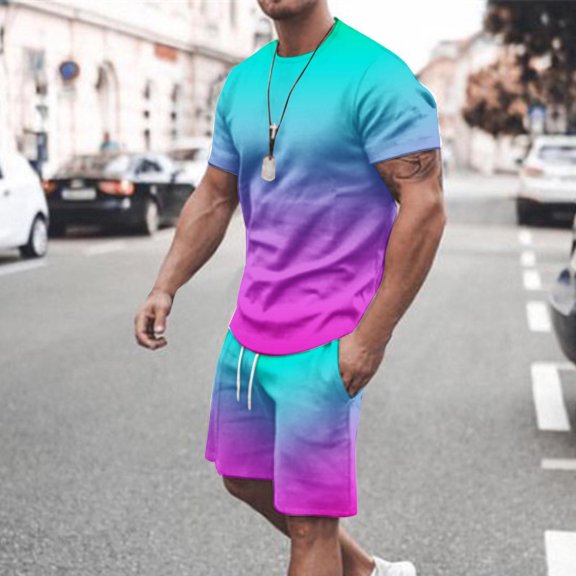 Mens Cotton 2 Piece Summer Outfits Beach Vacation Outfit Hawaiian Gradient Printed Tee and Shorts Set Purple