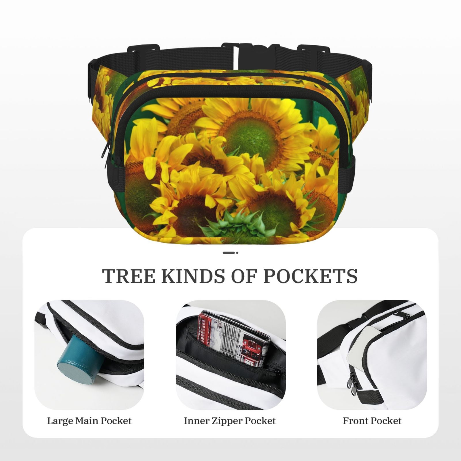 Picia Sunflowers in Bucket Print Square Double-Layer Waist Bag Mini Adjustable Waist Belt Bag Exercise Running Travel Hiking