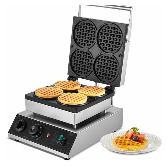 Commercial Waffle Maker 4PCS, 1750W Round Waffle Iron, Non-Stick Baker Machine for Restaurant & Home, Professional Grade Waffle Iron with Timer & Temp Control