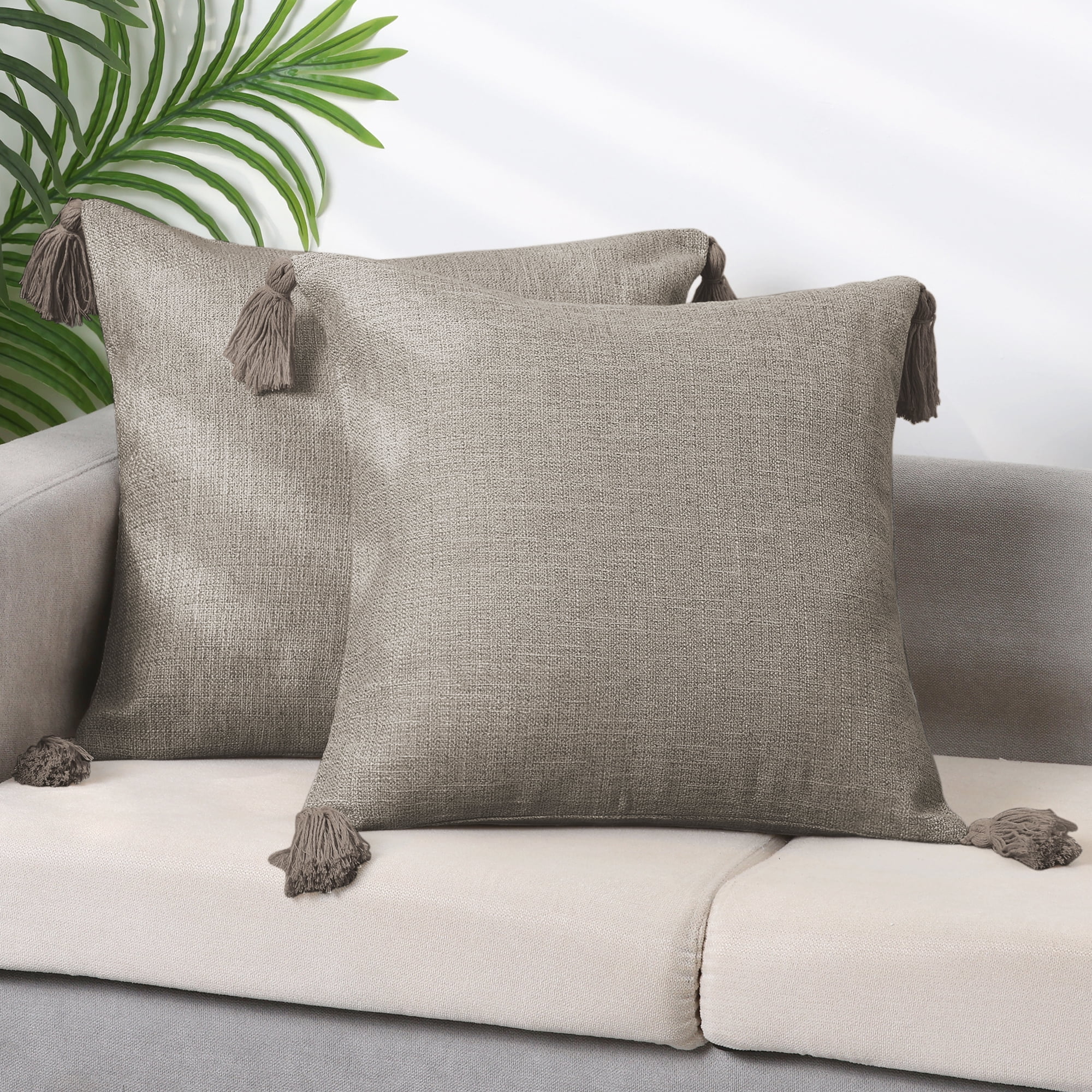 Unique Bargains Linen Fringe Cushion Cover Throw Pillow Covers with Tassel Design 2 Pcs Khaki 18" x 18"