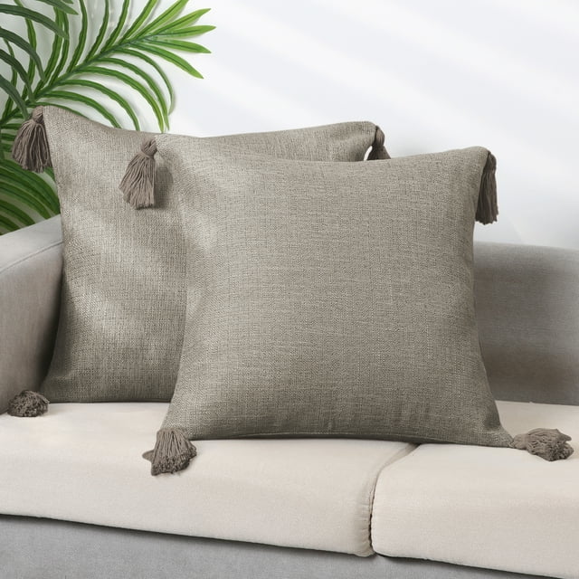 Juego de fundas de cojín de lino con flecos REGALWOVEN, 2 piezas, fundas de almohada para sofá con diseño de borlas color caqui 18" x 18"