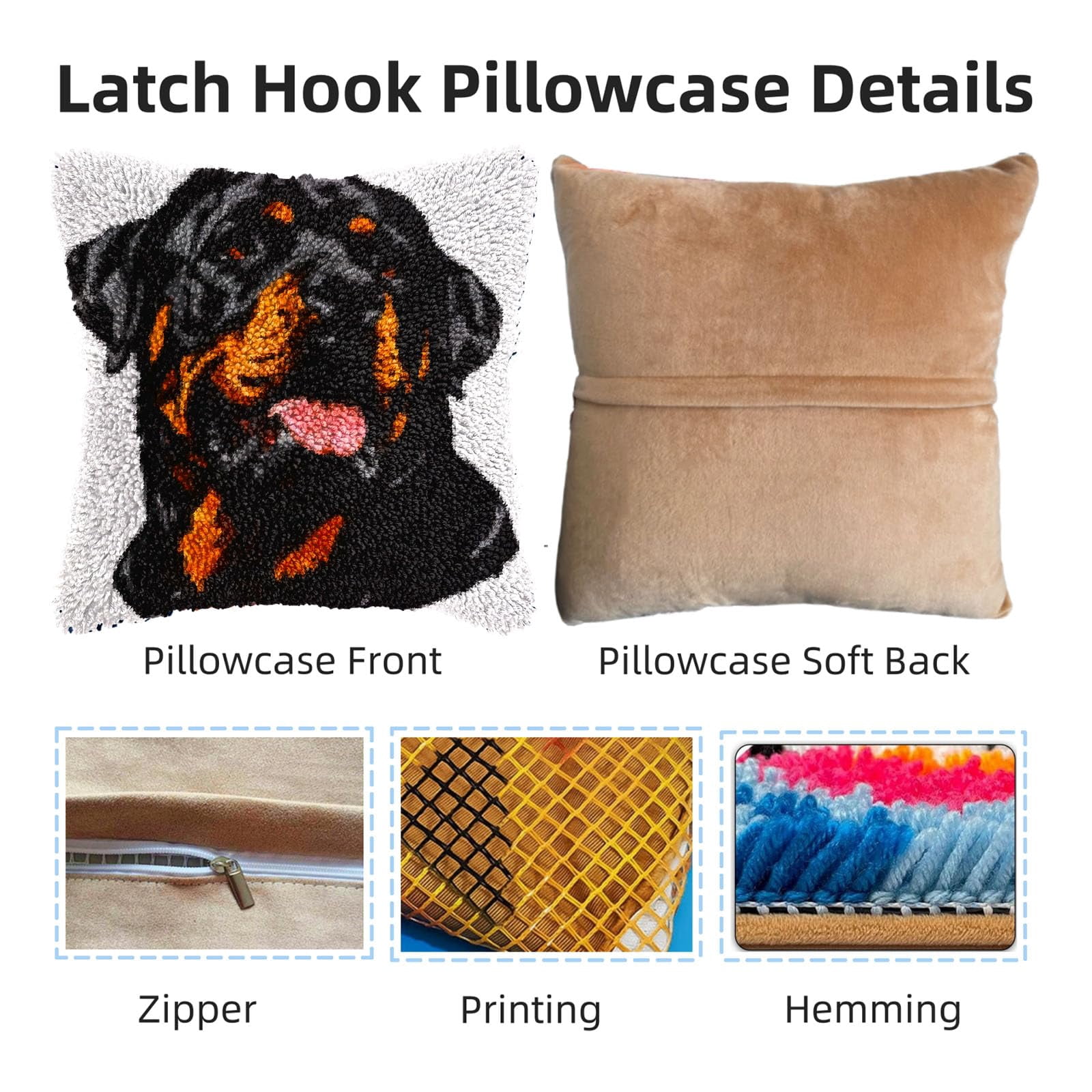 Black Dog Rottweiller DIY Latch Hook Pillow Kits for Adults Printed Pillowcase Crochet Yarns Hooking Handmade Pillow Cover Cushion for Home Sofa Decoration 17x17inch(1)