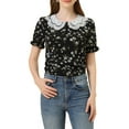 thumbnail image 1 of BLUSA FLORAL DE MANGA CORTA CON VOLANTES Y COLLAR PETER PAN PARA MUJERES CHIC EN NEGRO, 1 of 7
