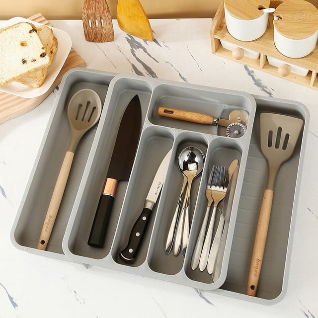 Almacenamiento y Organización, Bandeja Clásica para Cubiertos, Organizador de 7 Compartimentos, Divisor Expandible para Cajones de Cocina, Bandeja de Plástico para Guardar Utensilios, Diseño Compacto