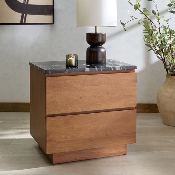 Safvaieh Couture Lilybelle Modern Marble and Wood Nightstand, Walnut/Black