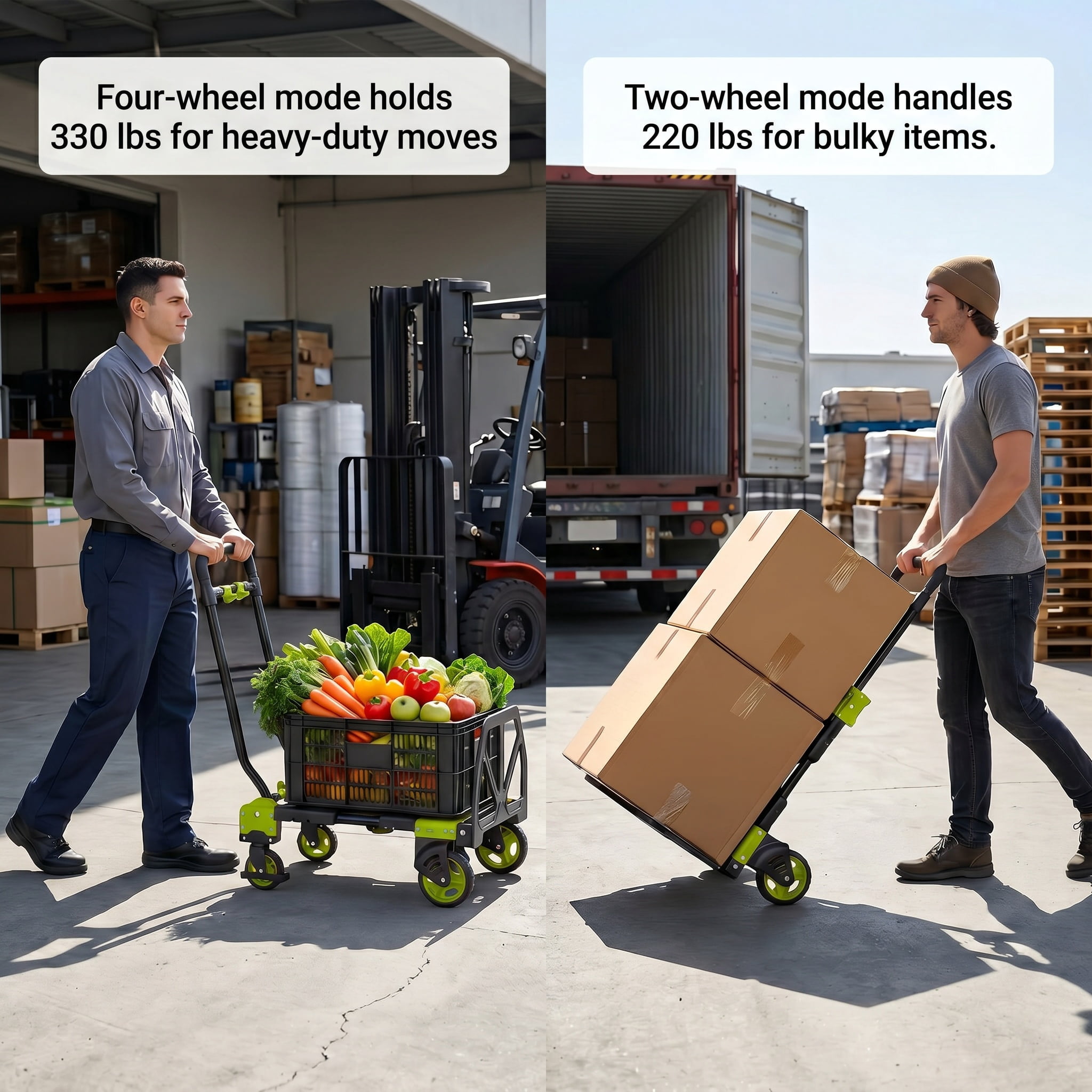 Adnoom 2-in-1 Folding Hand Truck Heavy Duty, 300 lbs Capacity Utility Cart with 4 Wheels, Retractable Handle Convertible Platform Dolly for Moving Boxes Furniture Luggage, Green