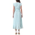 thumbnail image 3 of Vestido de verano midi sin mangas con estampado floral, escote en V, cinturón y volantes para mujer, azul, talla XS, 3 of 6