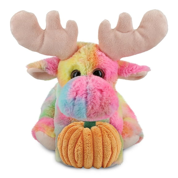 DolliBu Super Soft Plush Rainbow Floppy Moose Stuffed Animal with Pumpkin Decor - Pumpkin Plush Animal for Fall, Halloween and Thanksgiving, Pumpkin Toy for Baby, Kids, Adults - 9 Inches