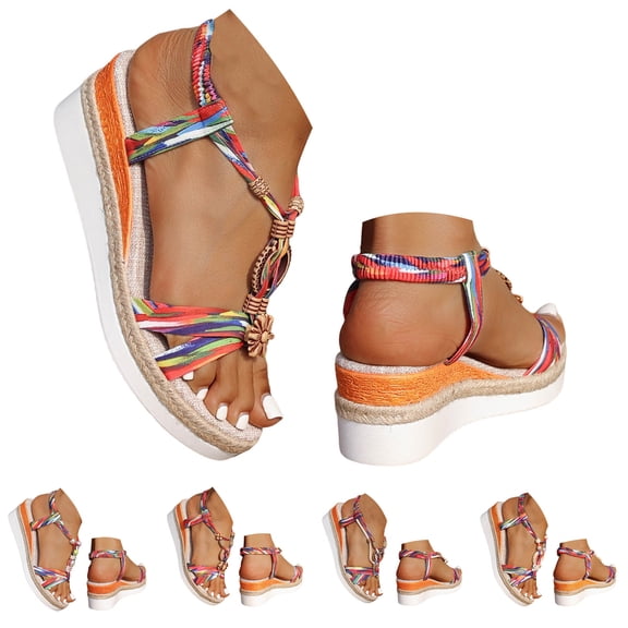 Pandaie Bohemian Wedge Sandals for Women Wide Width Platform Orthopedic Espadrilles Braided Strappy Dressy Summer Beach Shoes Colorful Size 6