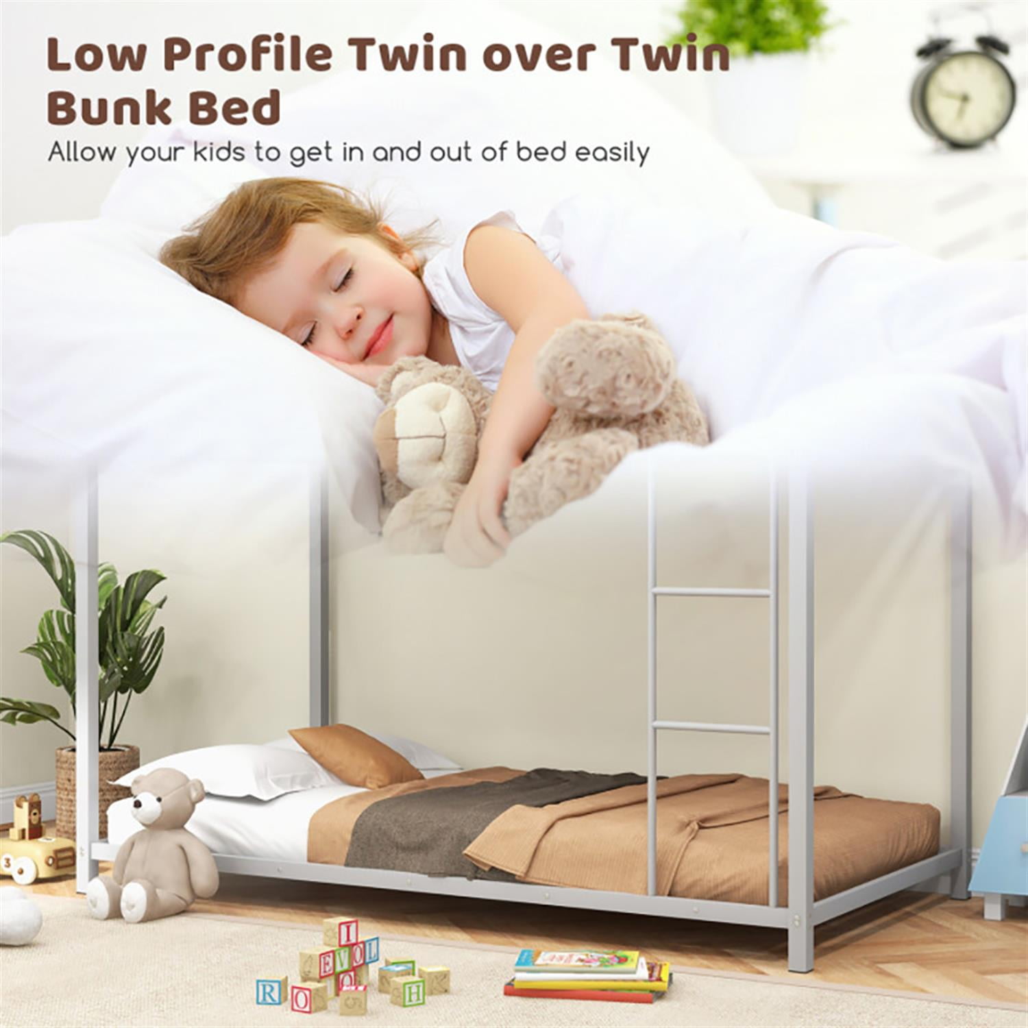 Demi Bonn Low Profile Twin Over Twin Bunk Bed with Full-length Guardrails, Sturdy Metal Twin Bunk Beds, Bed Frame, Silver