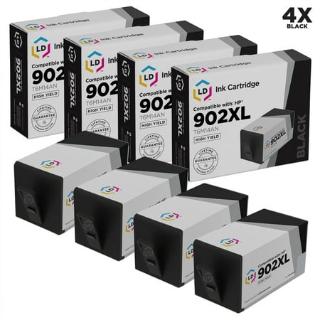 LD Remanufactured Replacement for HP 902XL T6M14AN High Yield Black Ink Cartridge 4-Pack for OfficeJet 6950 All-in-One HP 902XL T6M14AN High Yield black ink cartridge  Hewlett Packard T6M14AN 902 XL black ink cartridge  T6M02AN cyan T6M06AN magenta T6M10AN yellow ink  Office Jet Pro 6950 6954 6960 6970 6975 6978  HP 902 XL high yield black cyan magenta yellow ink