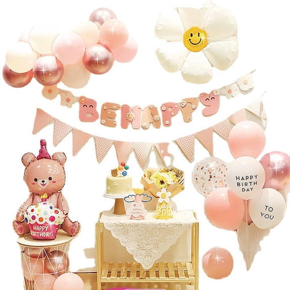 Children's Birthday Balloon Set Party Scene Decoration Supplies for Girls Pink Birthday Cartoon Aluminum Film Background Wall Decoration