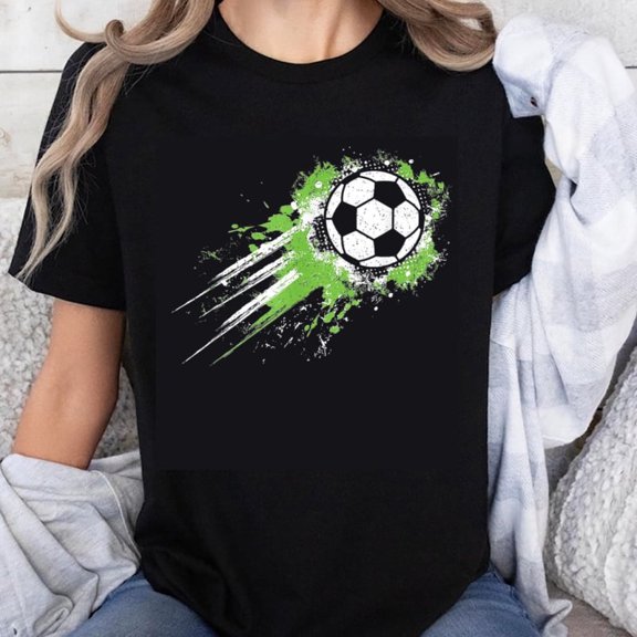 100% Cotton Soccer Ball Green Splash Design T-Shirt