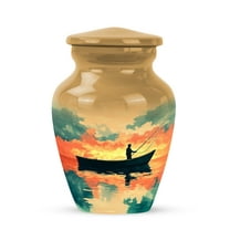 JAGASY Fishing Urn for Couple - Golden Small Urn for Ashes Adult Male & Female - Water Boat Sunset Clouds Scene Decorative Urns for Husband - Mini Urns for Human Ashes Keepsake - (3 Inch)