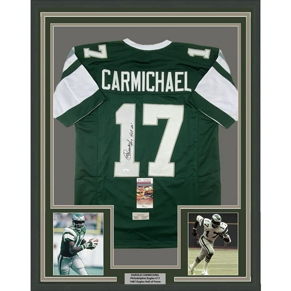 Framed Autographed/Signed Harold Carmichael 35x39 HOF 20 Philadelphia Green Football Jersey JSA COA