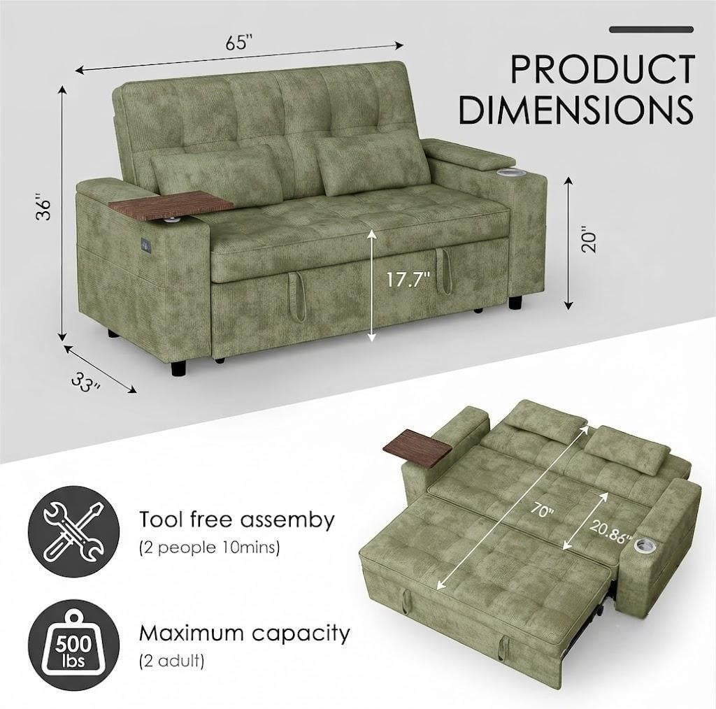 ShiKeyi 65" 3-in-1 Convertible Sofa Bed, Pull Out Loveseat with Chenille Fabric/Hidden storage space/Cup holder, Sleeper Sofa Bed for Living Room, Green