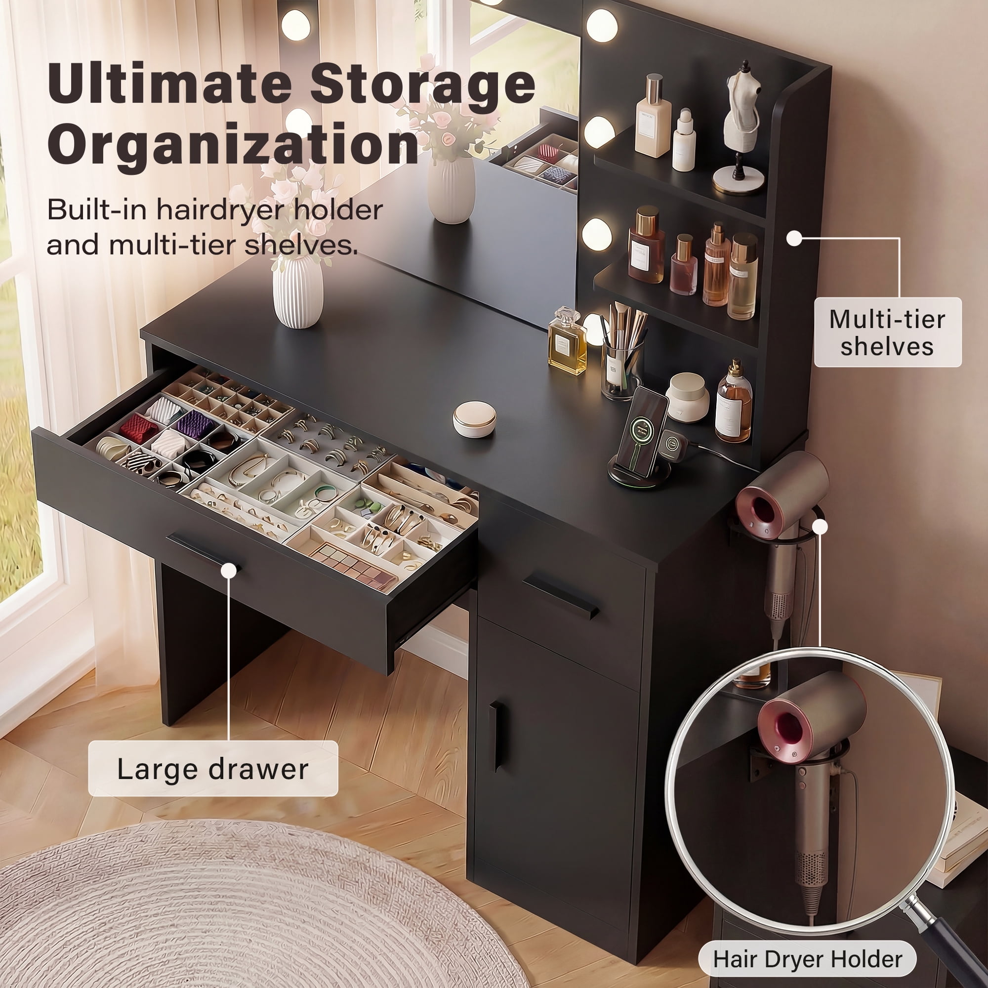 Vineego Makeup Vanity Desk with Mirror, Vanity Set with Charging Outlets and LED Lights, Vanity Table with Storage Shelves Drawers and Cabinet for Bedroom Dressing Room, Black