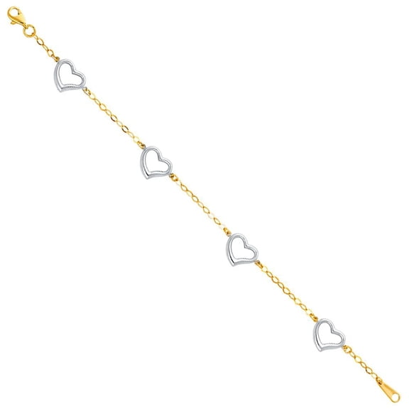 14K Solid Two Tone Gold Light Bracelet Chain with Heart 7.5" Extension