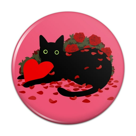 Black Cat Valentines Heart Rose Petals Love Pinback Button Pin