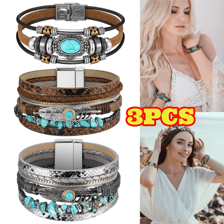 3pcs Western Jewelry for Women, Bohemian Turquoise Bracelet, Silver Leather Bracelets