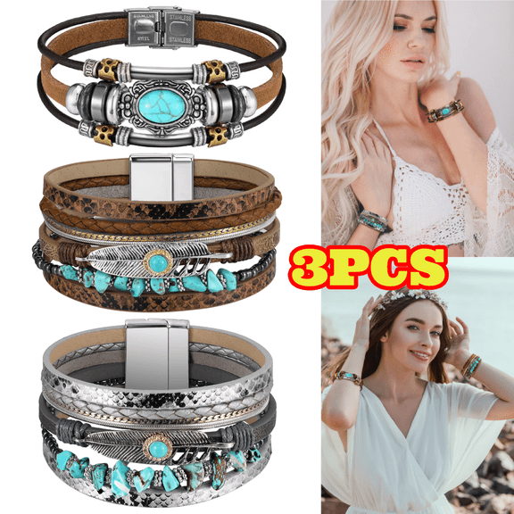 3pcs Western Jewelry for Women, Bohemian Turquoise Bracelet, Silver Leather Bracelets