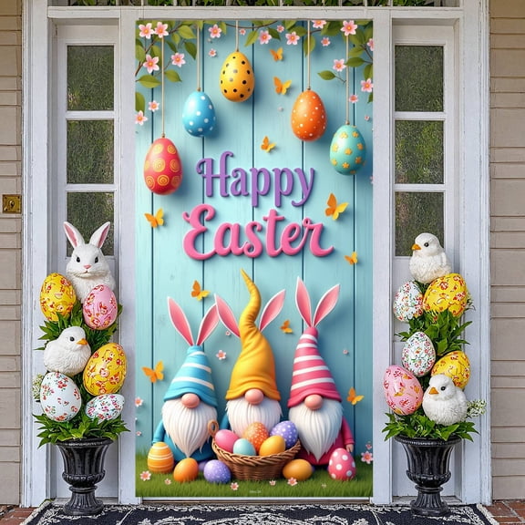 Colorful Eggs Happy Easter Banner Bunny Gnome Easter Display Butterflies Spring Flowers Easter Backdrop for Easter party indoor decoration photo shoot