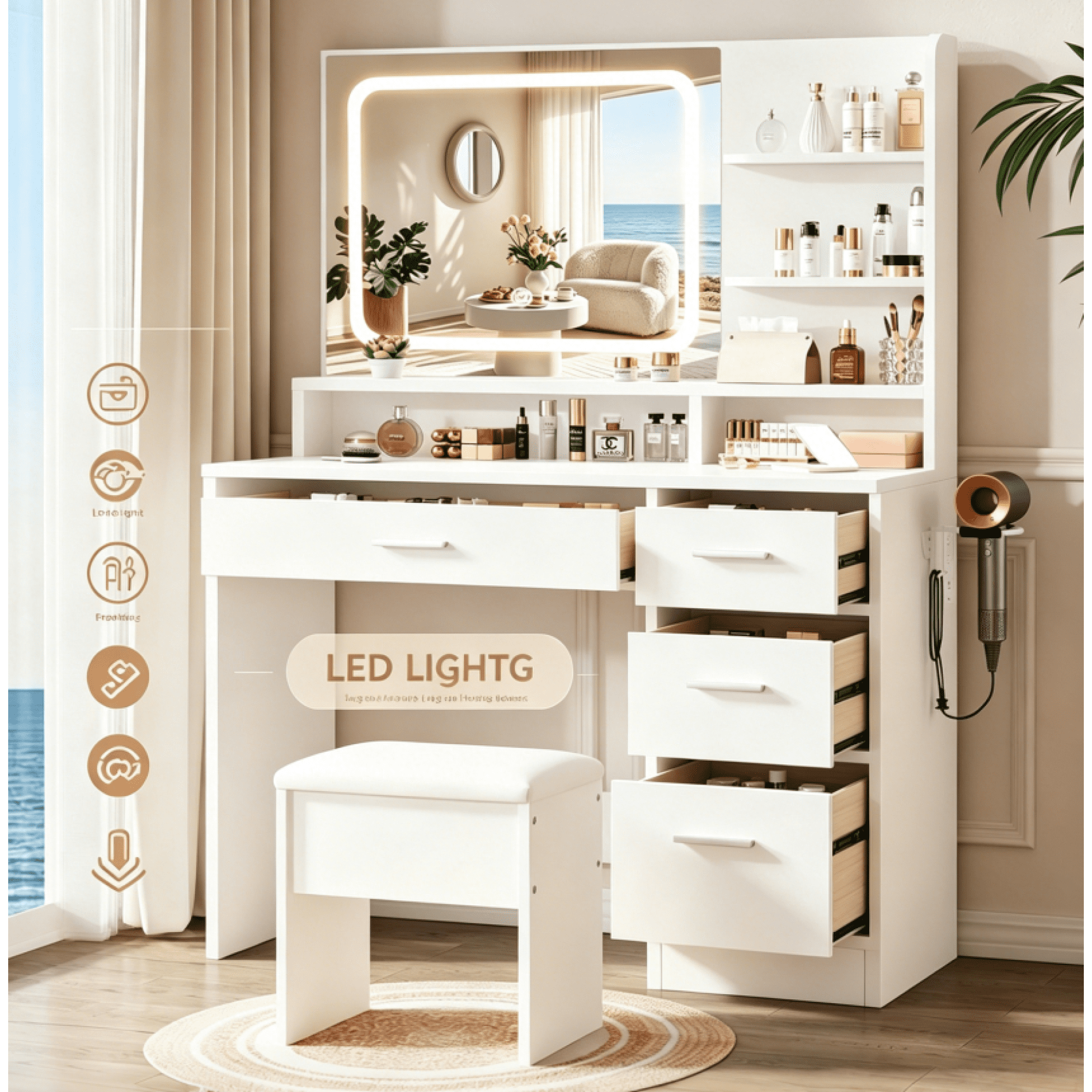 HOQBN White Vanity Set with Mirror & Lights,Modern Makeup Table Dressing Table with Storage Drawers for Bedrooms,Living Room